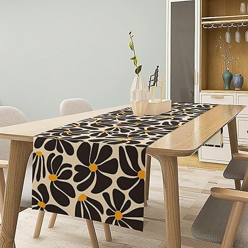 Miniatura 3 de Camino de mesa floral hippie de los años 70, diseño retro abstracto de margaritas negras, camino de mesa rústico para cocina, mesa de comedor,