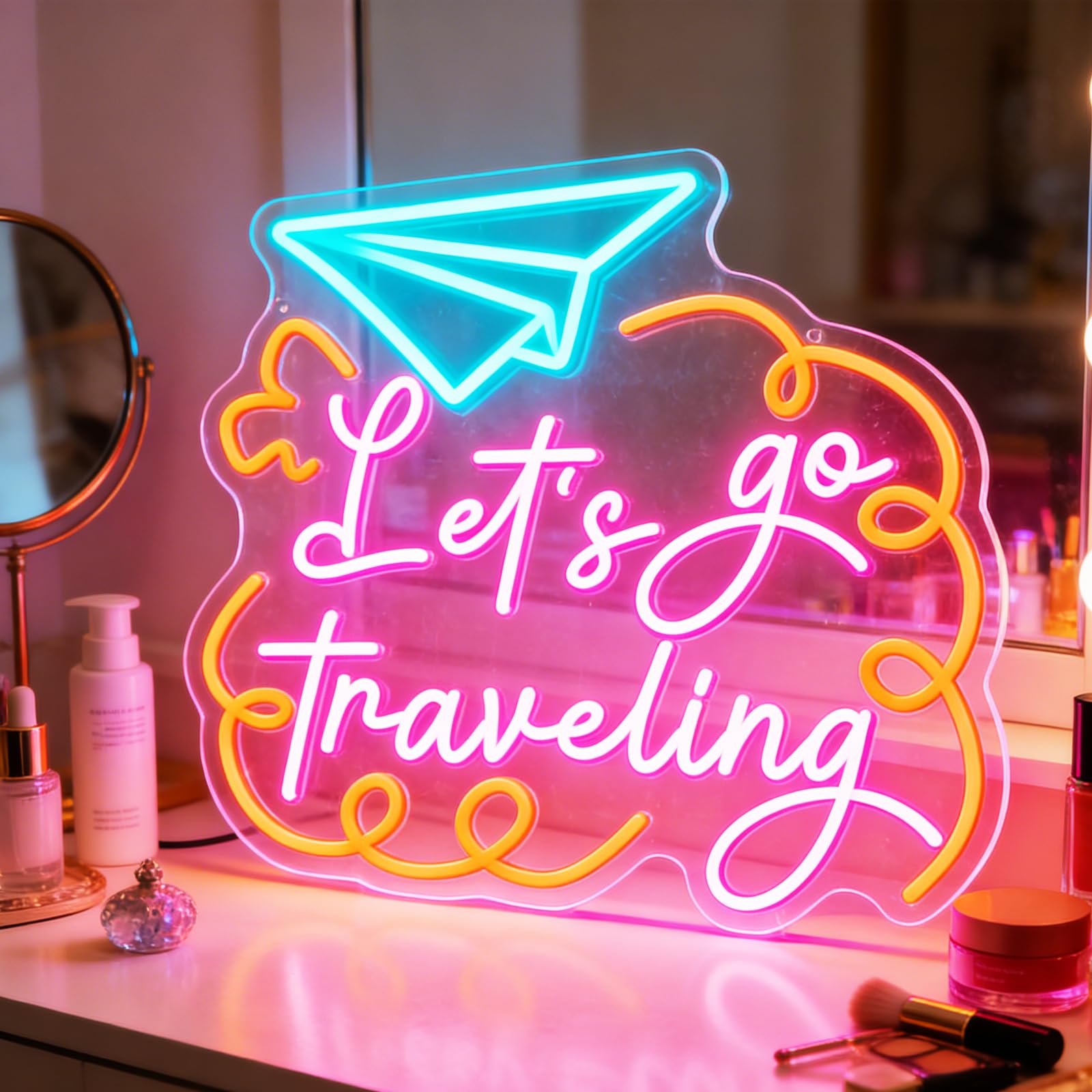 Travel Neon Sign Let's Go Traveling Paper Airplane LED Neon Light Colorful LED Wall Decor for Bedroom Airbnb Cafe Photo Booth Perfect Travel Gift for Adventurers Friends & Family
