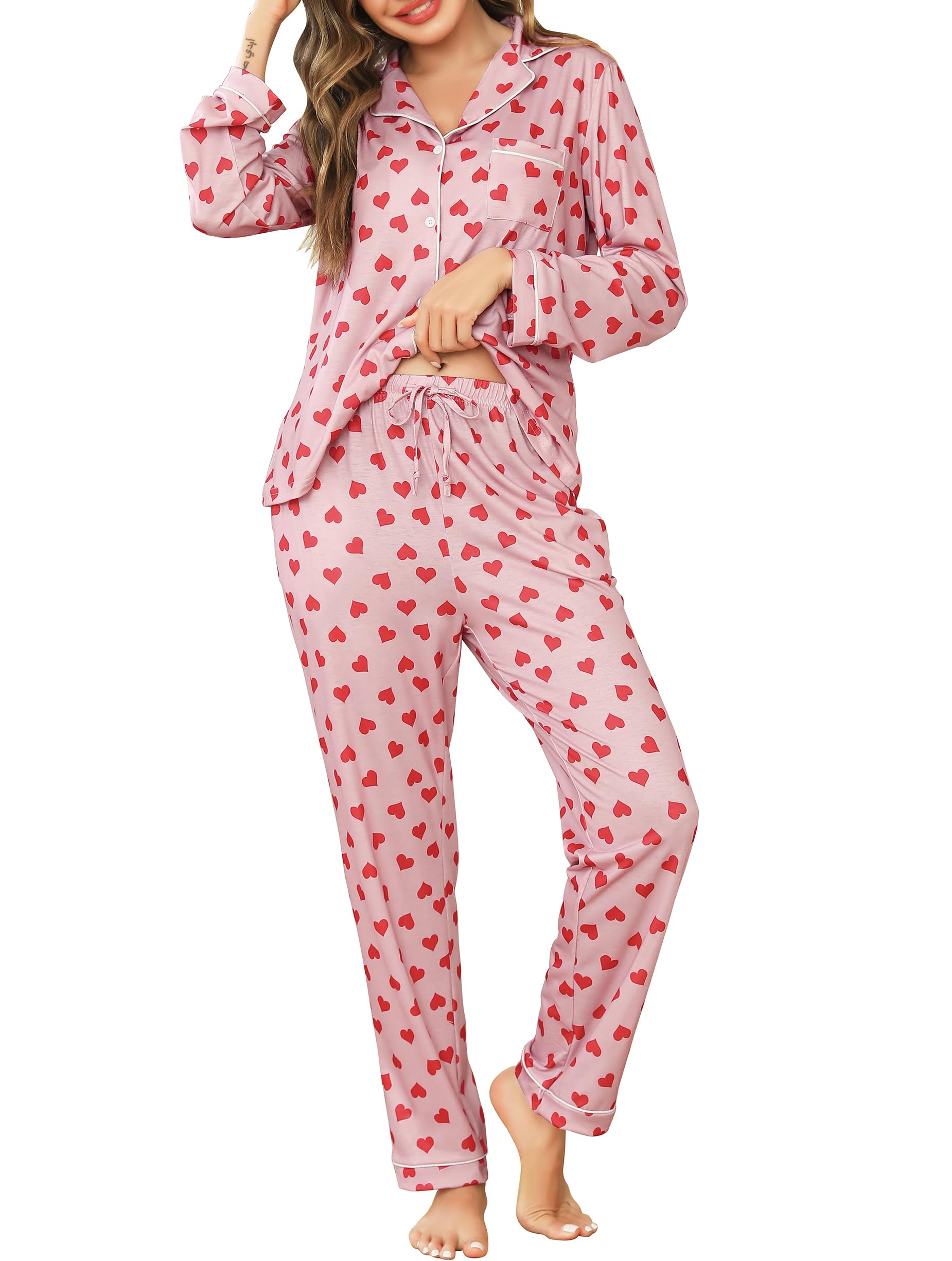 Vlazom Damen Schlafanzug Zweiteiliger Damen Pyjama mit Knopfleiste V-Ausschnitt Pyjama Set für Frauen Umlegekragen Lange Hose mit Gummibund Zweiteiliger Sleepwear