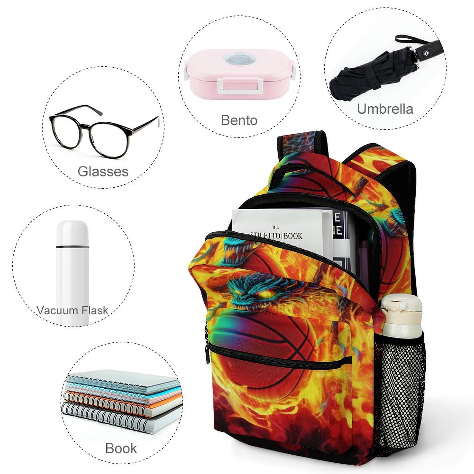Sac À Dos Flamme basket Cartable Enfant Sport Sac D'école Sac De Voyage Sac De Livre Pour Garçons Filles One Size