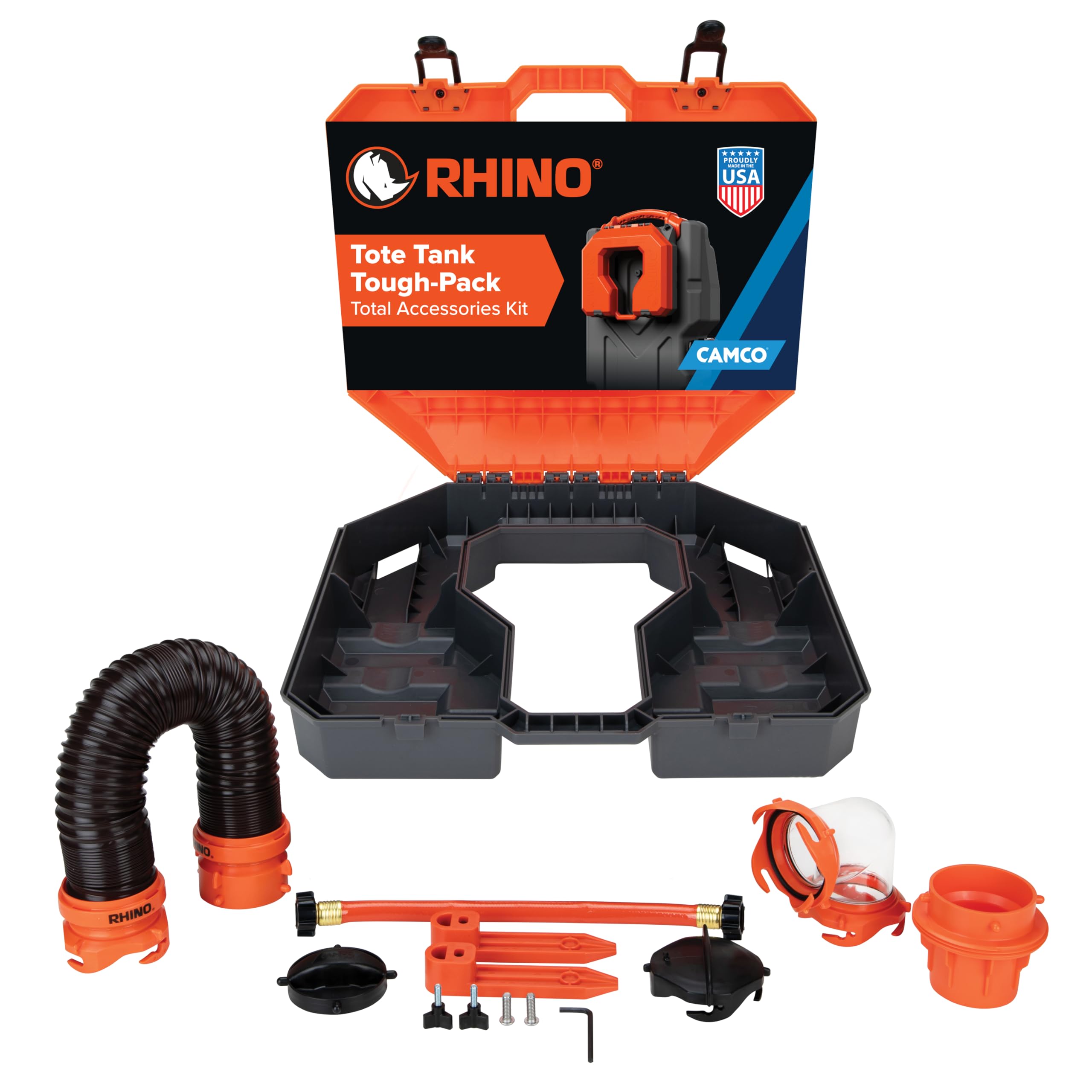 Camco Rhino 39023 - Serbatoio di Grandi Dimensioni, Accessorio Essenziale per Camper per Una Gestione efficiente dei rifiuti, Kit Compatto da 7 Pezzi, Include Tubo per fognatura e Custodia per Camper