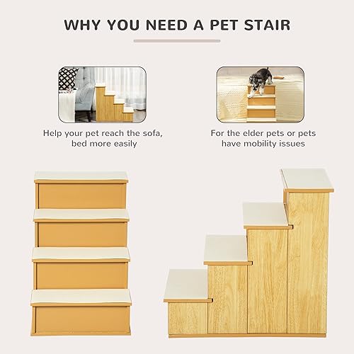 Miniatura 5 de PawHut Escaleras para mascotas, escalones pequeños para mascotas con cubierta acolchada extraíble para perros y gatos de hasta 22 libras, natural