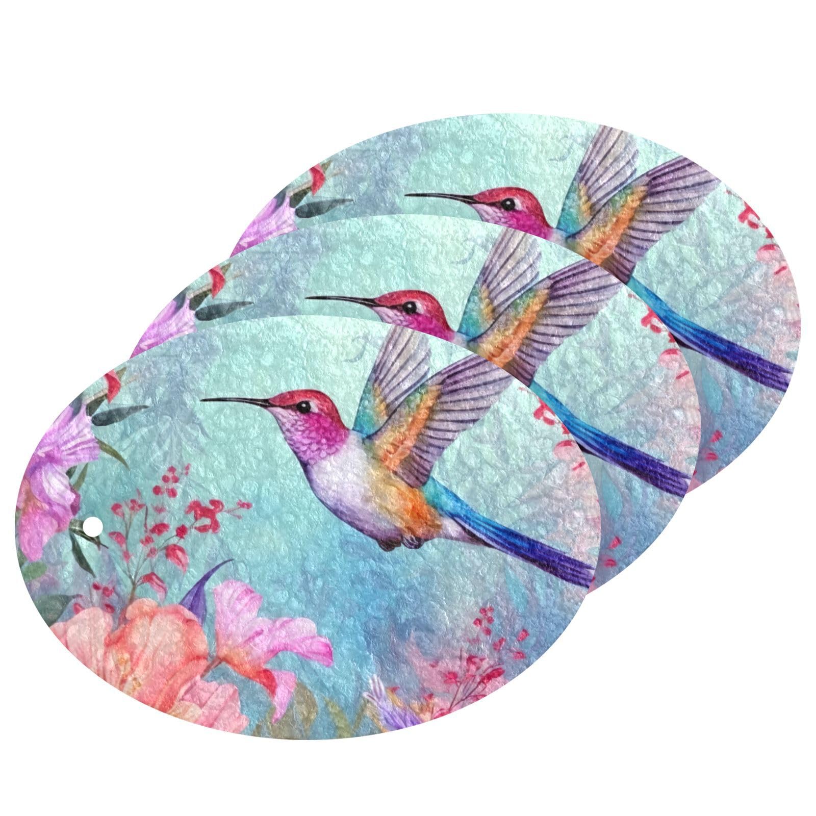 Jihqo 3PCS Scrub Sponges Watercolor Floral Hummingbirds Pop-up Dish Sponge for Cleaning Kitchen Bathroom Household Non-Scratch Scrubber
