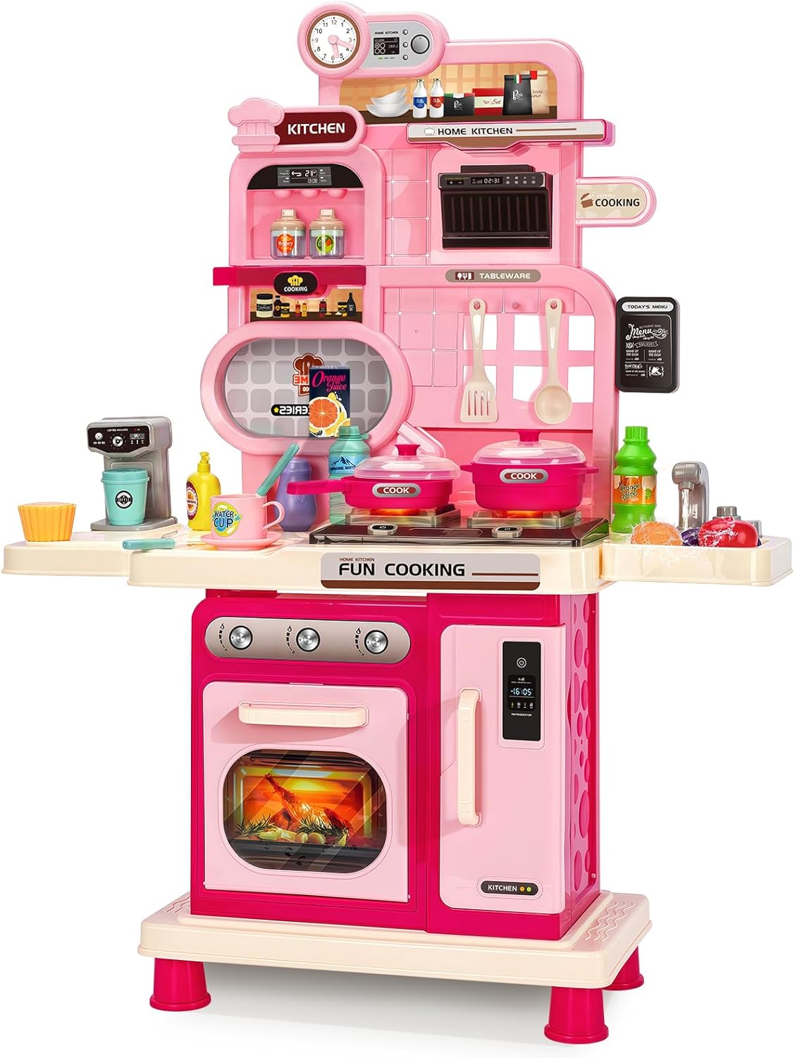 Kids Play Kitchen Playset, Pretend Cooking Stove, Recirculating Play Sink & Coffee Maker, Complete with Play Food & Accessories, Basic Cardboard Box Packaging – Not Ideal for Gifting – Pink
