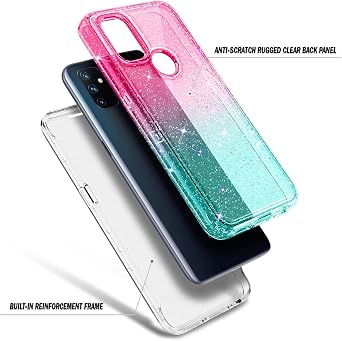 NZND Designed for OnePlus Nord N100 Case with Screen Protector | Military-Grade, Full-Body Rugged Dual-Layer Shockproof Protective Cover -Glitter Pink/Aqua