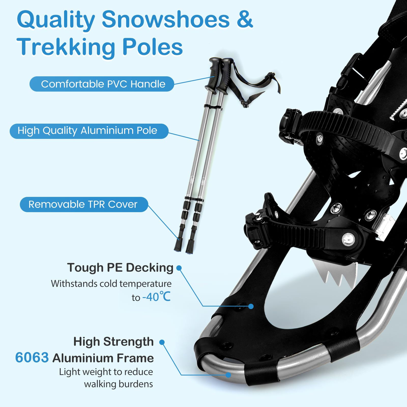 SOARS Kit di racchetta da neve 4 in 1, racchette da neve in alluminio con bastone da passeggio telescopico, borsa da stoccaggio, ghette impermeabili, per donne, uomini, bambini