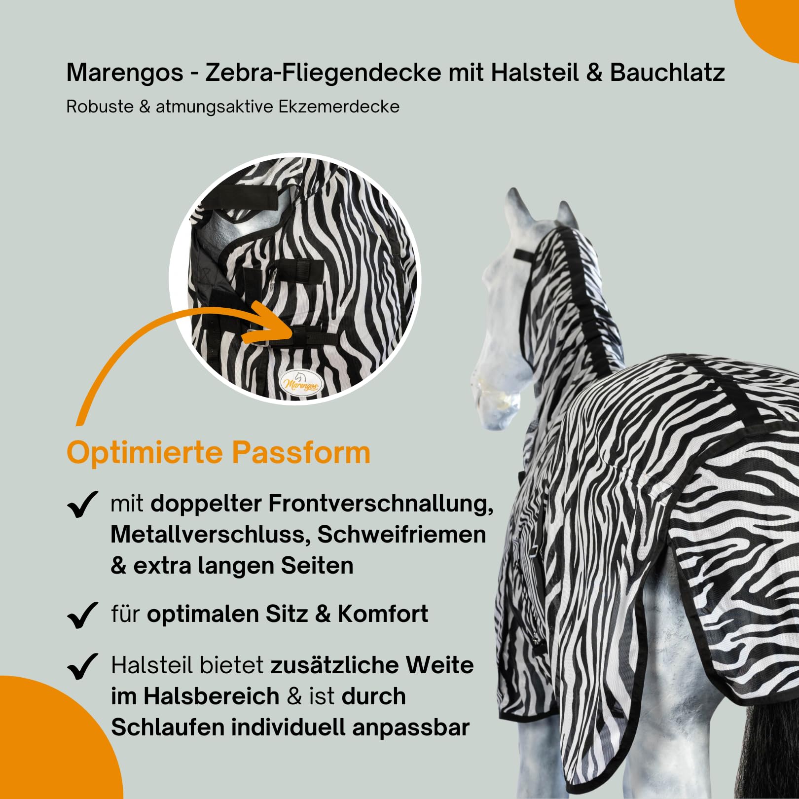 Marengos Zebra-Fliegendecke mit Halsteil & Bauchlatz 145cm robuste atmungsaktive Ekzemerdecke Insektenschutz winddurchlässig Outdoor-Pferdedecke