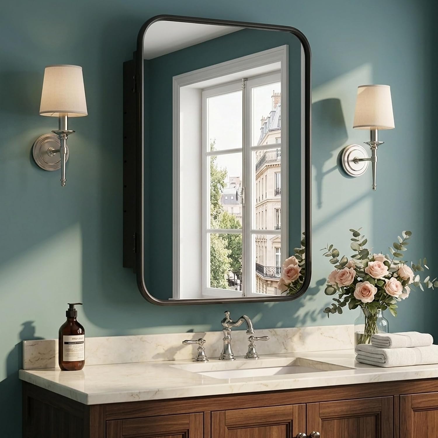 16″x24″ Black Bathroom Medicine Cabinet Rounded Rectangle Mirror