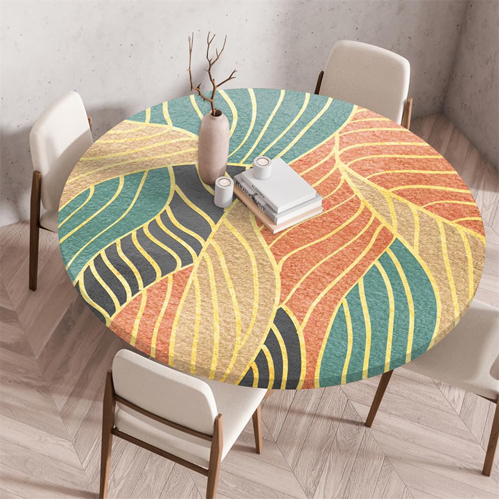 Chickwin Round Outdoor Tablecloth with Elastic Edge, Wipe Clean Circle Table Cover, Nordic Leaves Print Garden Table Fitted Tablecloth Non-Slip Stain-resistant Washable (Leaf textures,130cm)