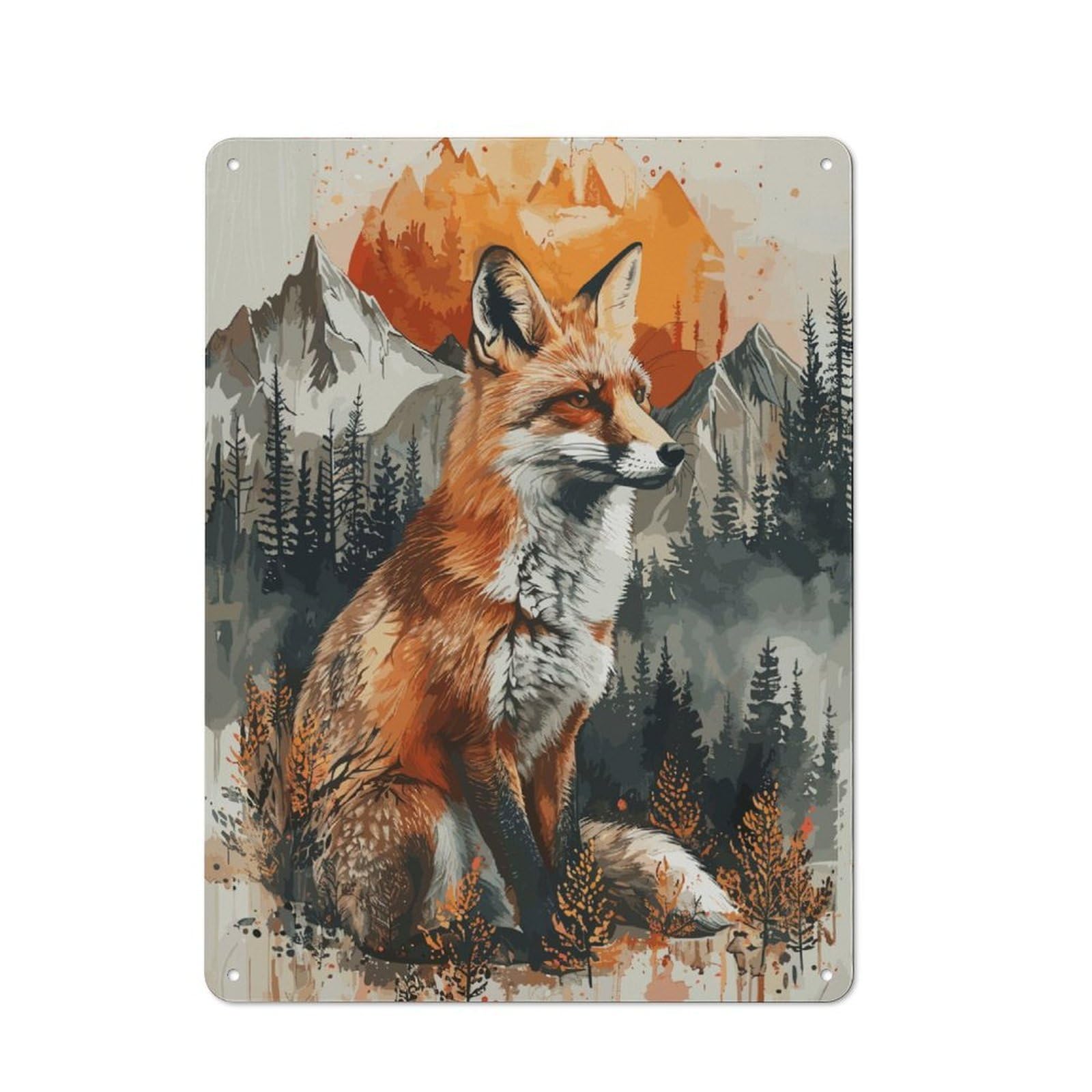 Junmoney Fox Sunset Watercolor Metal Sign 40X30cm, Vintage Bar Wall Plaque For Diner, Restaurant, Shed Or Kitchen