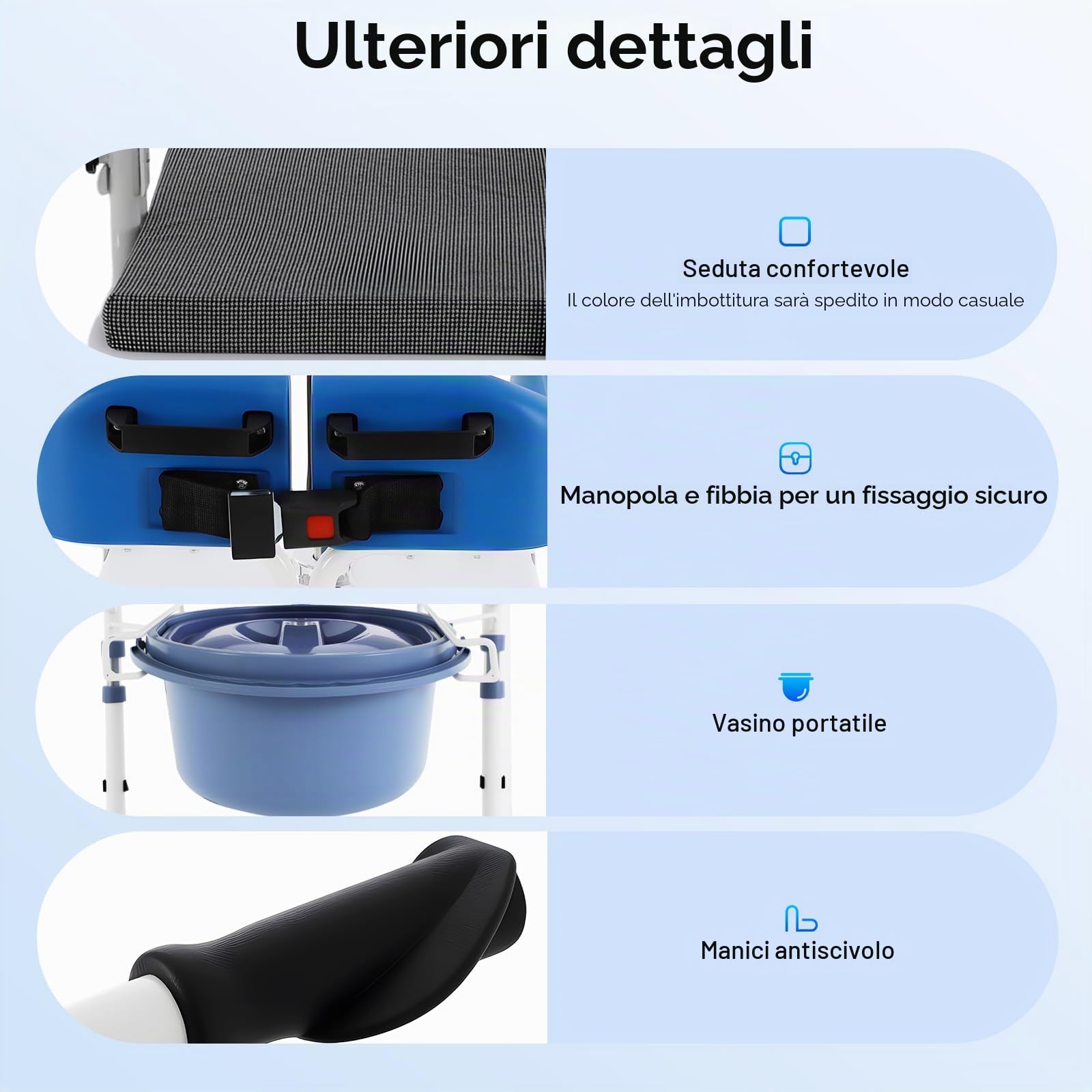 Sollevatore idraulico, sedia di trasferimento per pazienti, regolabile in altezza, capacità di carico 100 kg, maniglie antiscivolo, seduta divisa a 180°, sedia da doccia (blu)