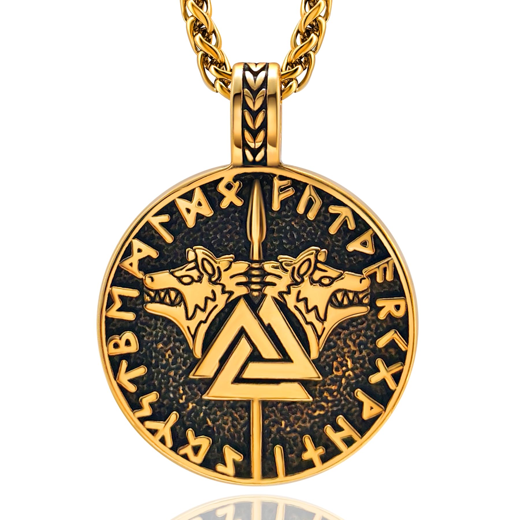 Hoyazvet Nordic Viking Mjolnir Runes Necklace for Men, Vintage Dragon Amulet Norse Mythology Valknut Jewelry, with Gift Box
