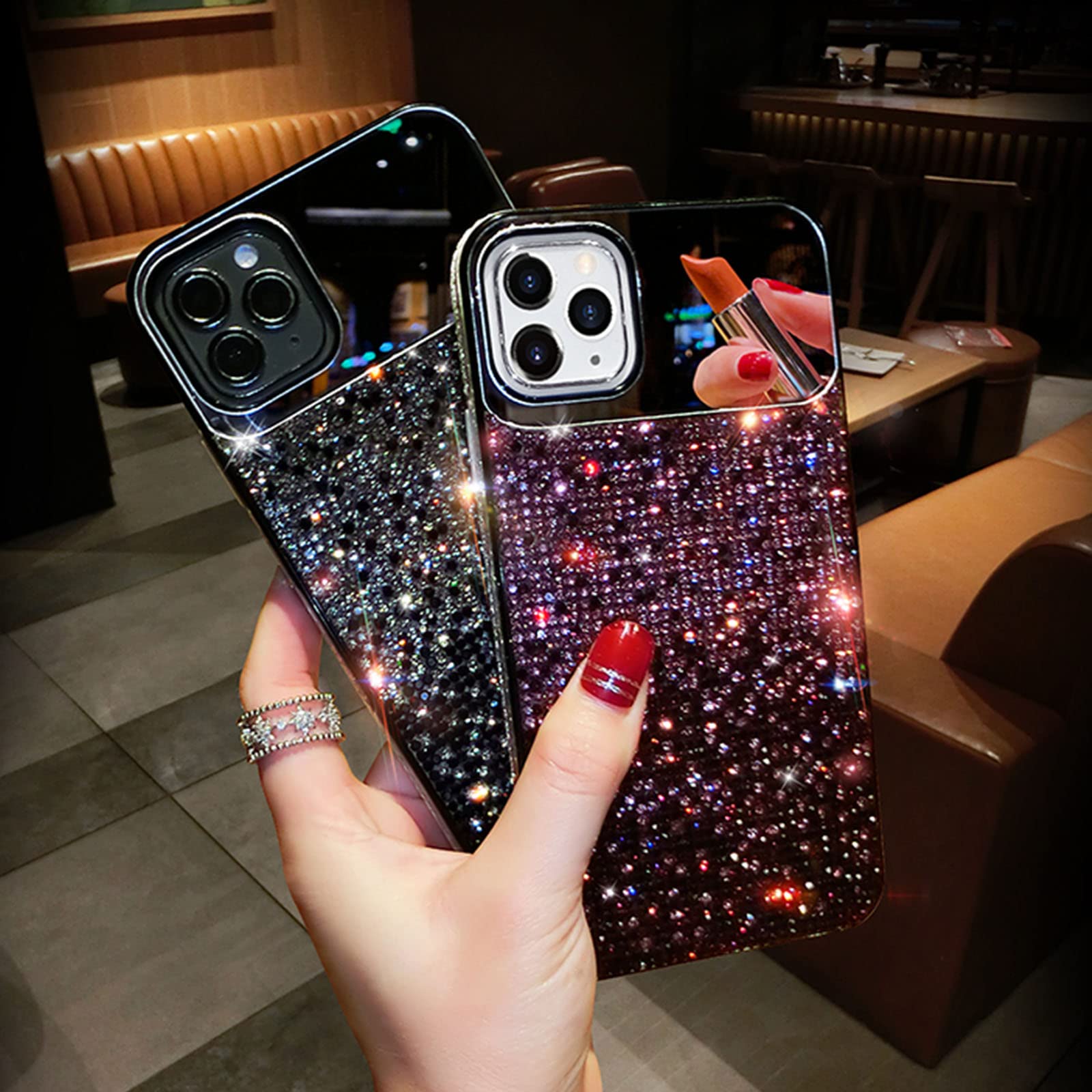 TOMDO Brillantini Cristallo Sottile Gomma Bumper Protettiva Custodia Specchio Cover con Glitter Strass Diamanti per iPhone 14 14 PRO 14 Plus 14 PRO Max Custodia,Nero,14 PRO