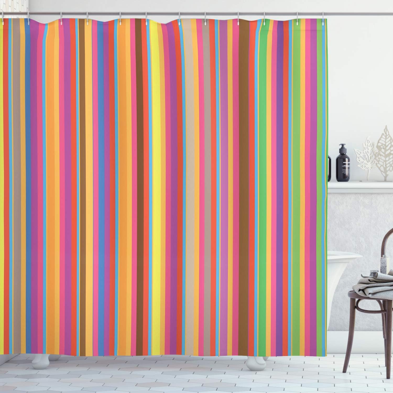 Ambesonne Abstract Shower Curtain, Colorful Symmetrical Style of Vertical Stripes and Lines with Simplistic Modern Energetic Design, Cloth Fabric Bathroom Set with Hooks, 69" W x 70" L, Dark Cocoa