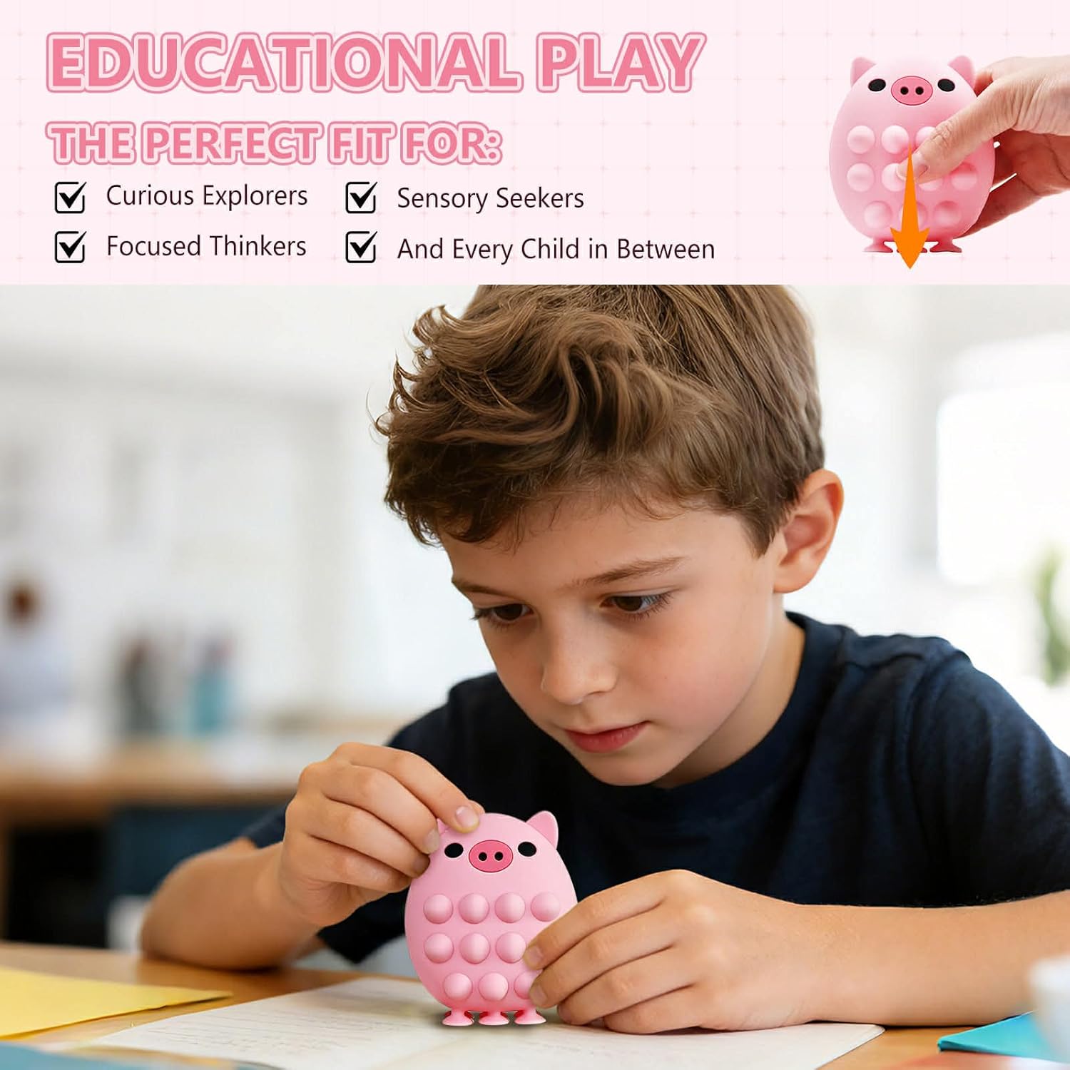 Pink Pig Squishy Fidget Toy, Pop Squeeze Sticky Sensory Toy, Ages 3+