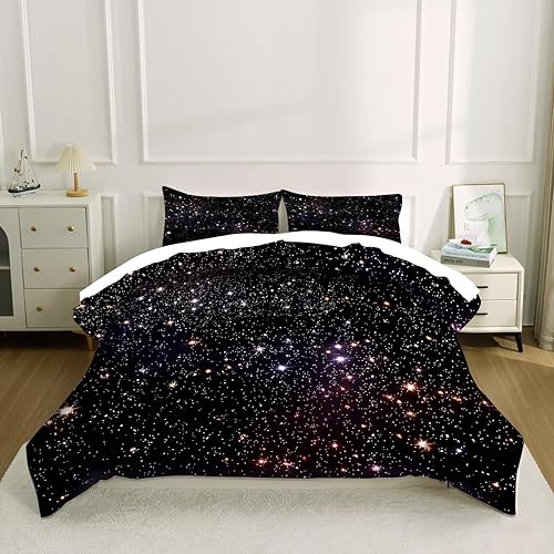 Miniatura 6 de kxry Juego de edredón negro con galaxia espacial, tamaño individual, juego de ropa de cama de universo de cielo estrellado para niñas, adolescentes,