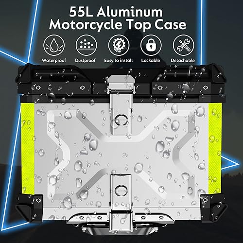Miniatura 2 de Maleta superior de motocicleta de 55 L, resistente Caja universal de aluminio para cola de motocicleta, almacenamiento de viaje con placa base de