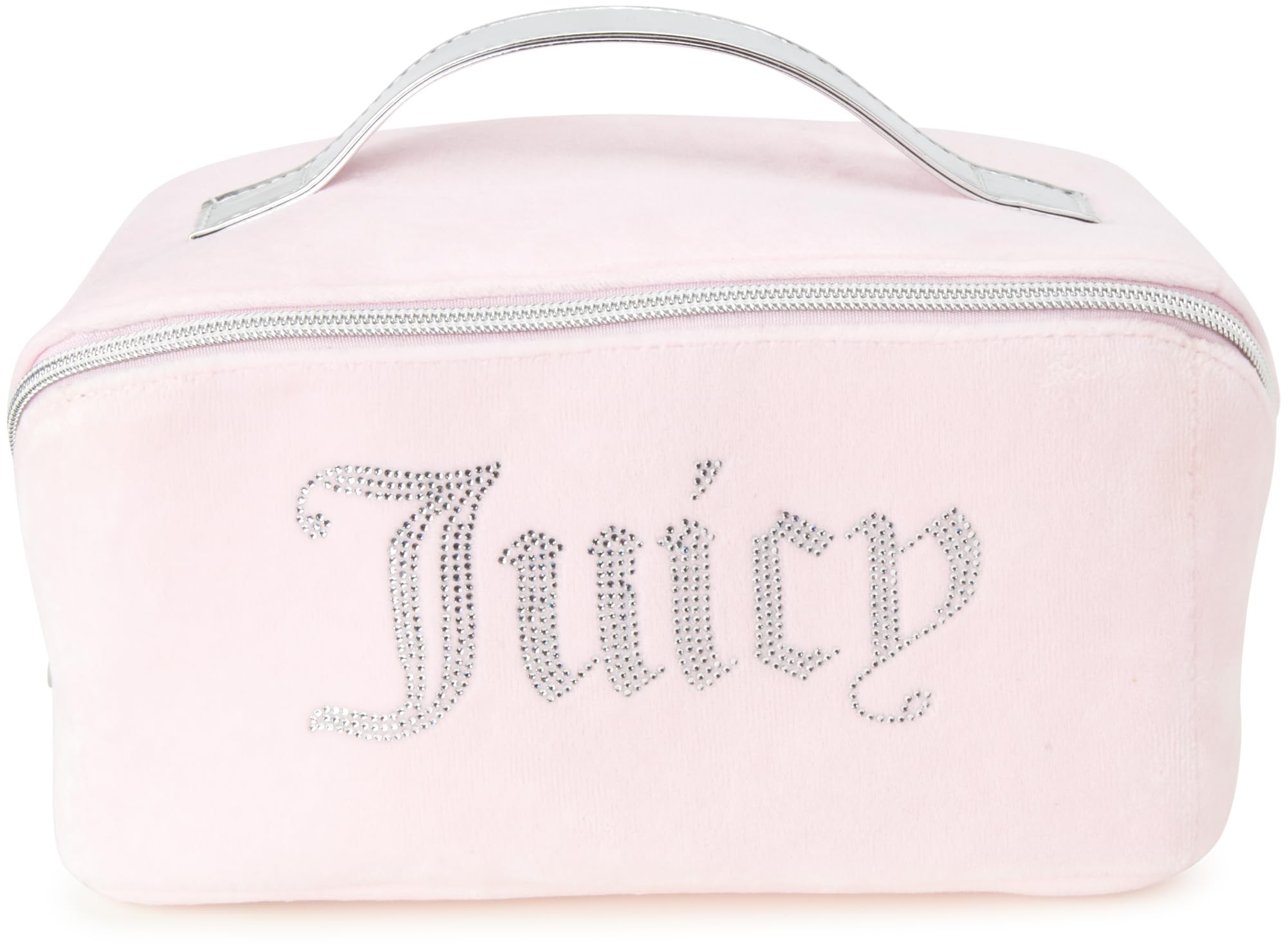 Juicy Couture Pink Makeup Bag Cosmetics Organizer Travel Essentials Cross Zip Velour Rhinestone Silver Handle