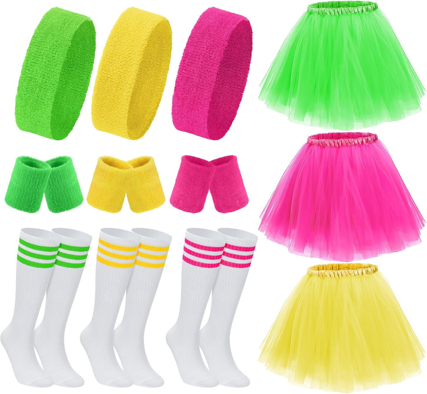 3pcs Tutu Skirts Set for Women Costume Neon Tutu Bottoms with Sweatbands Striped Tube Socks for 80s Costumes