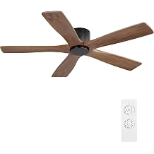 WINGBO 54" Flush Mount DC Ceiling Fans without Lights, 5 Carved Solid Wood Blades, 6-Speed Reversible DC Motor, Low Profile Hugger Ceiling Fan No Lights for Living Room Bedroom Patio, Black and Walnut