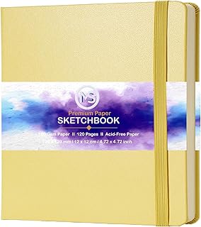 MS MY STATIONERY Cuaderno de bocetos de papel sin ácidos, 160 g/m², 120 páginas (24 hojas), encuadernación cosida de 4.7 x 4.7 pulgadas, cubierta de piel sintética, diario de acuarela para artistas
