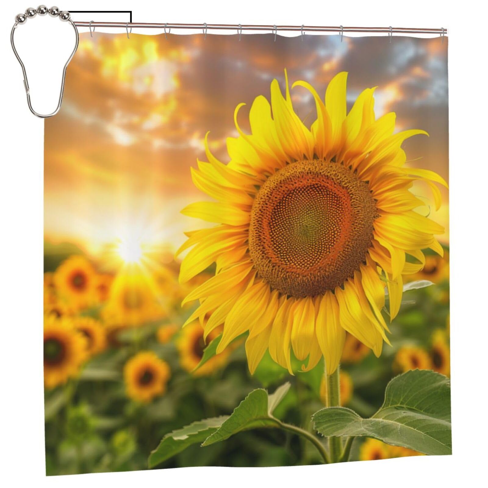 BWWHCCTI Sunflower Printed Shower Curtain With 12 Iron Hooks Opaque Quick Drying Waterproof Shower Curtains Sets For Bathroom 183x183 CM