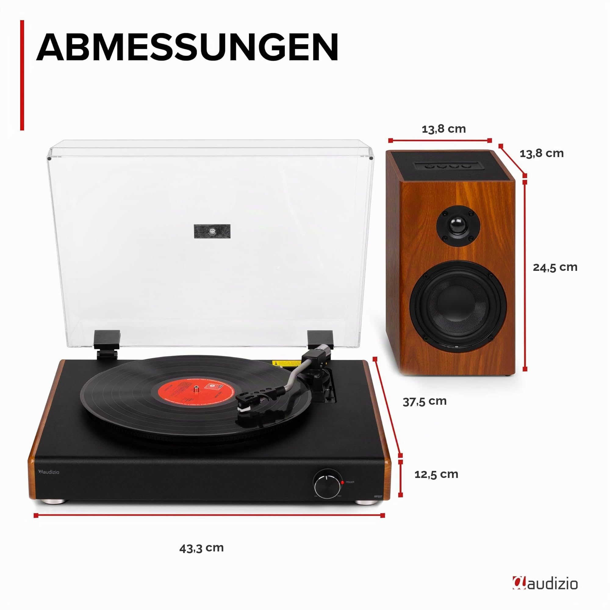 Audizio RP337W Plattenspieler mit Lautsprecher Bluetooth – Vinyl Player Holzoptik – Record Player mit 33, 45 & 78 U/min – Schallplattenspieler mit kabellosen 50 Watt Akku Lautsprecher, Retro Turntable