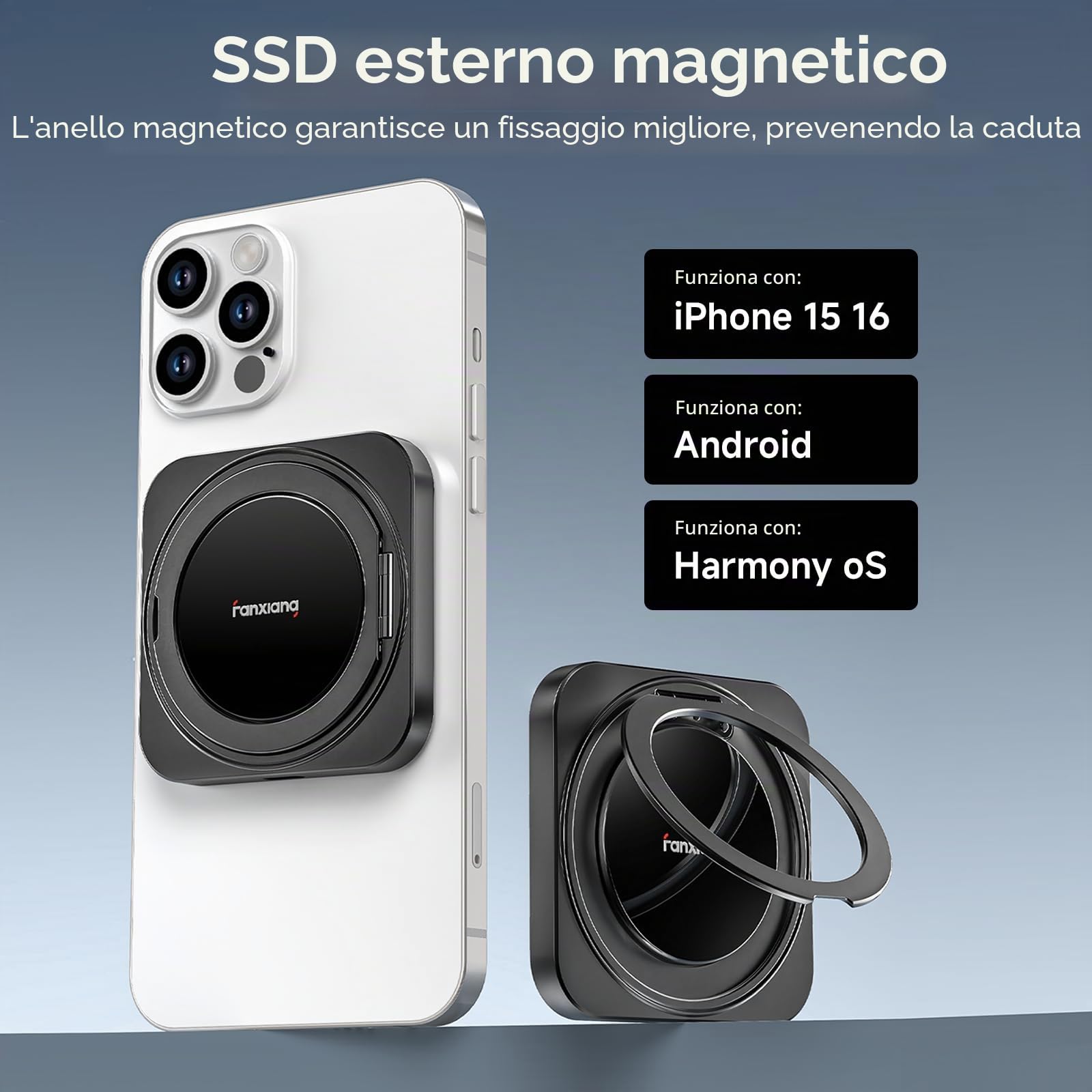 fanxiang 1TB SSD Esterna ad Alta Velocità fino a 2000 MB/s, USB-C 3.2 Gen 2×2, SSD Portatile Magnetico con Supporto Rotante Completo, per Desktop, Tablet, PC e Windows PS2006