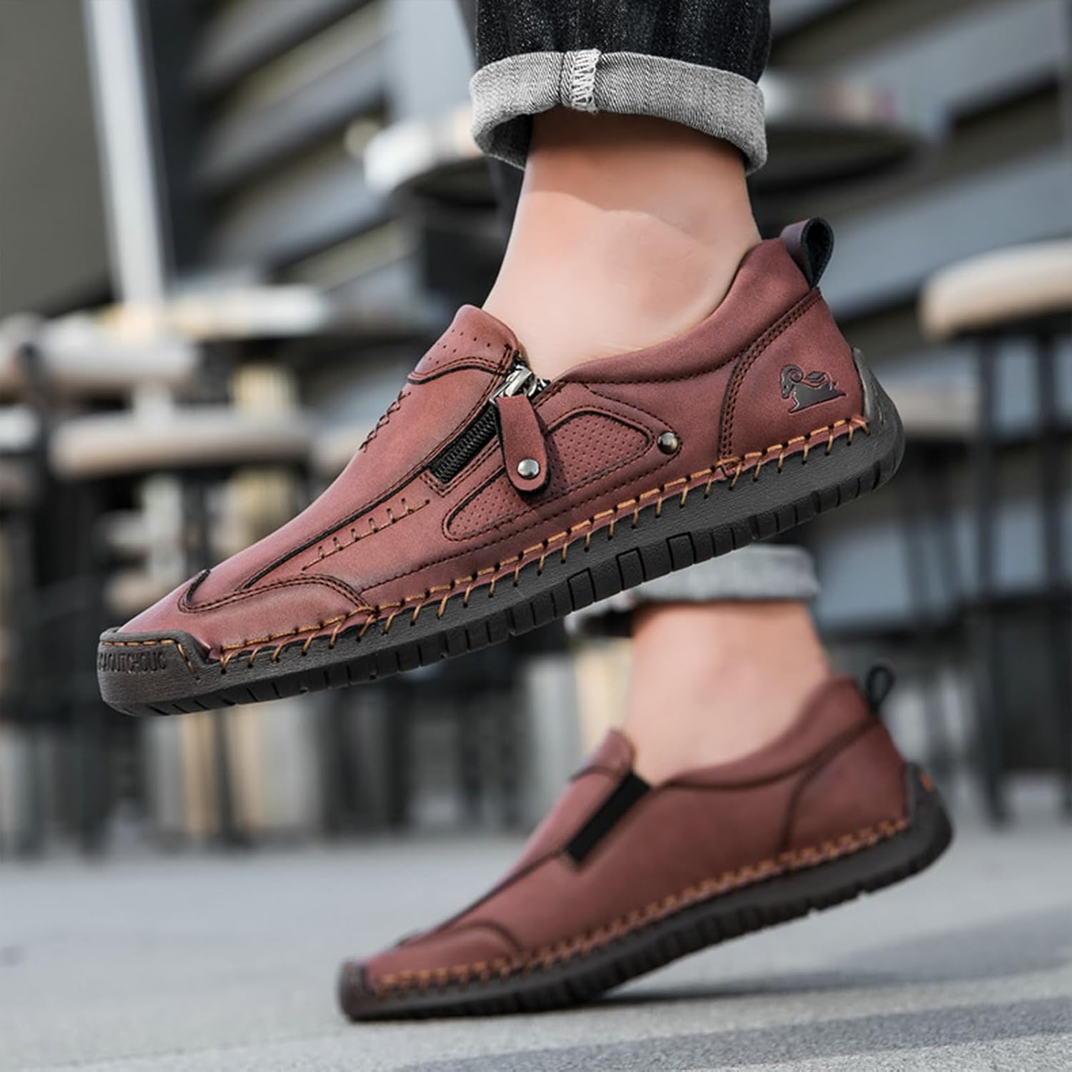 Men's Leather Handmade Slip On Flat Loafers Retro Side Zipper Comfortable Breathable Round Toe Non-Slip Walking Shoes Casual Driving Daily Business Sneakers - Image 3