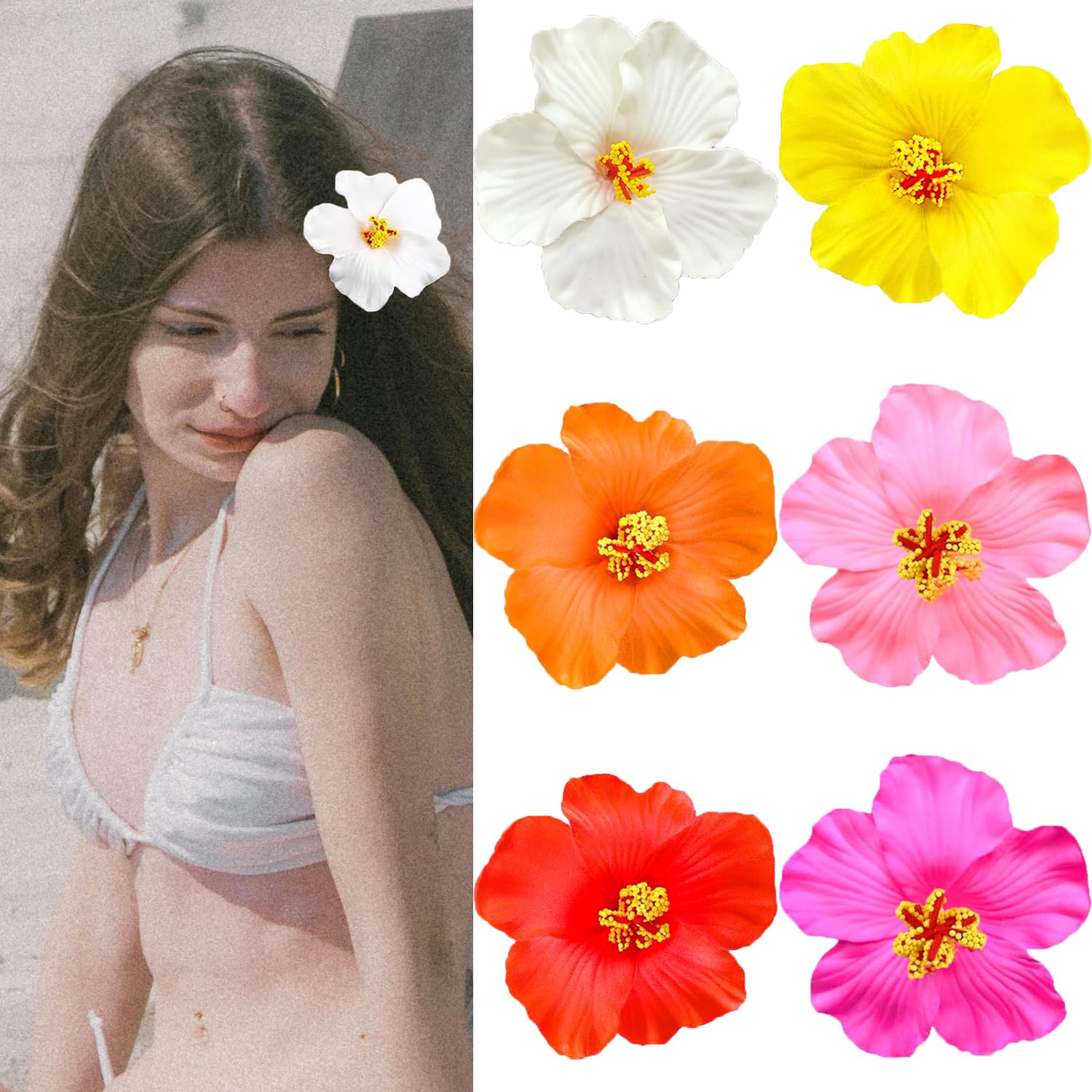 Photo 1 of 6Pcs Hawaiian Flower Hair Clips for Women,Plumeria Hair Clips Hibiscus Hair Barrettes, 3.5 Inch Boho Artificial Flower Clips, Cute Hair Accessories for Women Girls Summer Vacation Beach Party