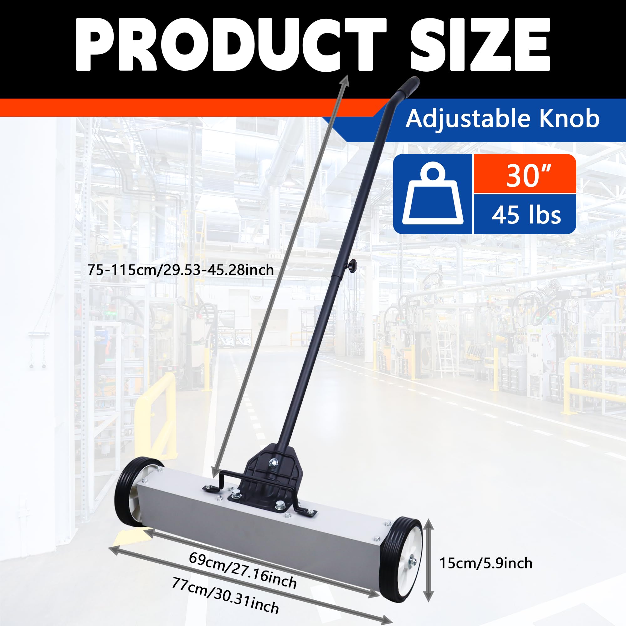 Zamiatarka magnetyczna z kółkami, pojemność 20 kg, regulowana wysokość uchwytu i magnesu podłogowego, metalowy magnes do podnoszenia i paznokci, zamiatarka podłogowa do budowy, sklepu