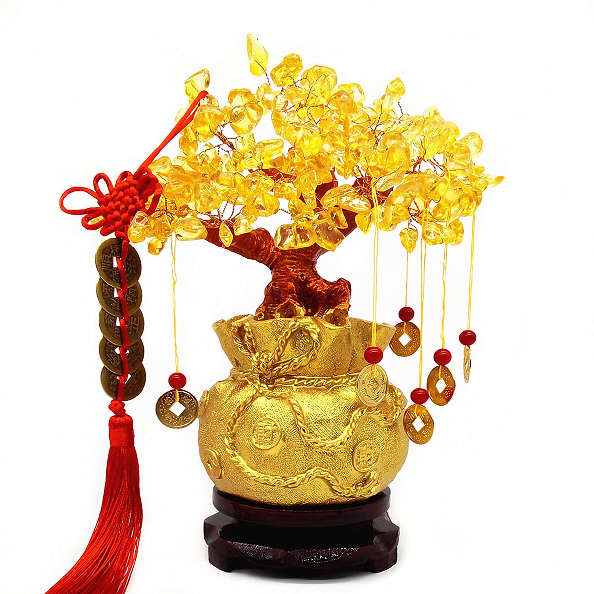 Feng Shui Yellow Quartz Crystal Tree, Bonsai Style Money Trees Decoration for Luck and Wealth (Purse)