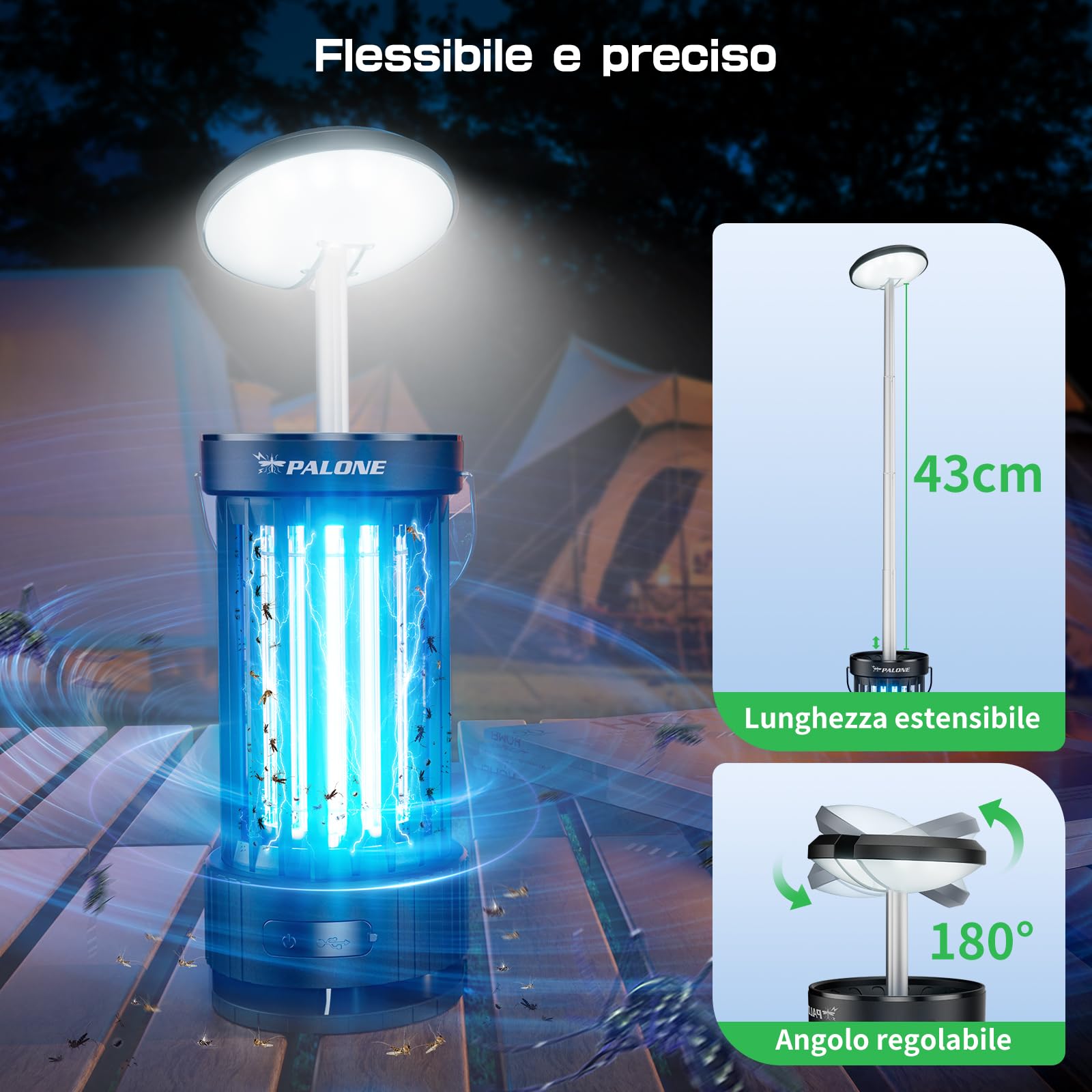PALONE Lampada Antizanzare Elettrica con Luci UV e LED Regolabili | 4000mAh 4500V USB Zapper per Insetti, Trappola Elettrica Portatile per Interni ed Esterni, Campeggio, Pesca, Escursionismo