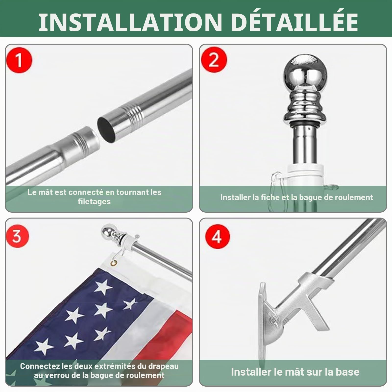 Mât de drapeau stable 1,5 m - En acier inoxydable et aluminium - Avec support de drapeau - Support mural - Pour la maison, le jardin, le balcon - Argenté