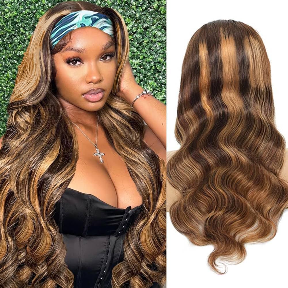 Ombre Headband Wig Human Hair #4/27 Highlight Body Wave Headband Wig 16 Inch Glueless None Lace Front Wig Brazilian Virgin Human Hair Wigs for Black