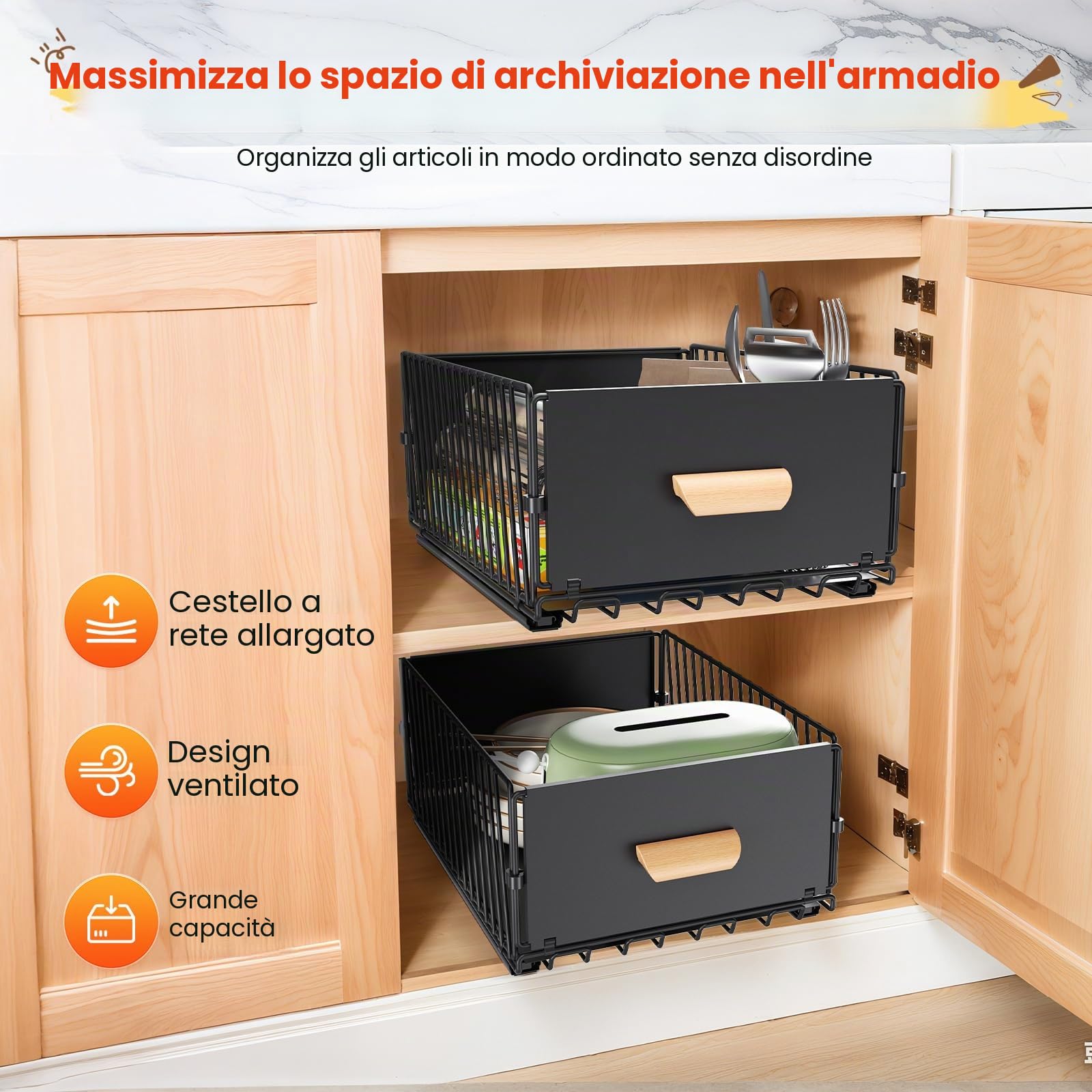Telescopic Drawer, Extendable Drawer for Kitchen Cabinets, Slide Out Cabinet Organiser with Handle & Adhesive for Kitchen Pantry, No Drilling 23.5 x 39.5 x 19.5 cm, 2 Packs