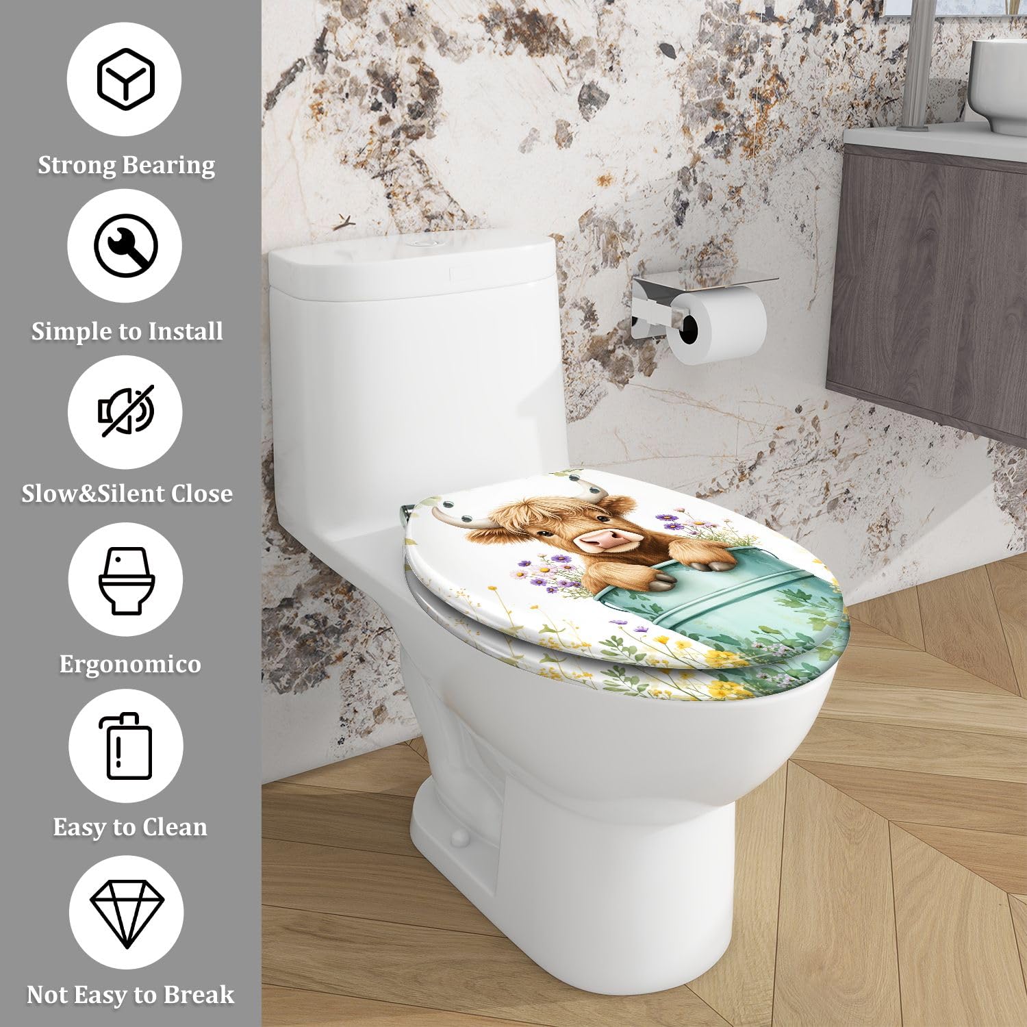 Asiento de inodoro alargado con cierre silencioso y bisagras de liberación rápida para uso decorativo en el baño.