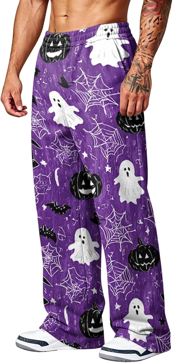 HJINGSUN Halloween Pants Men Scary Pumpkin Bat Print Sweatpants