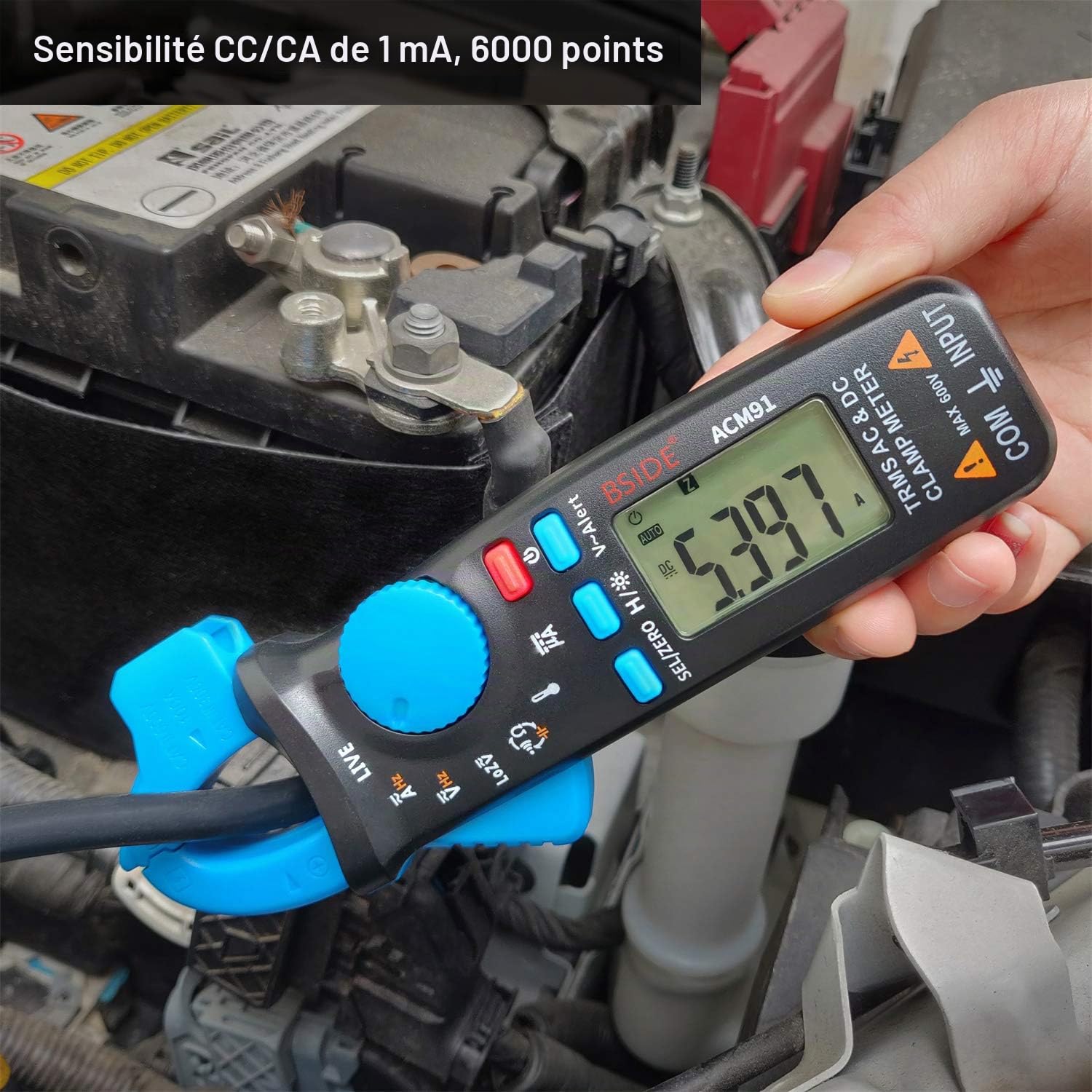 Pince Bside ACM91 mesure courant AC/DC RMS 6000 points mesures Voltmètre thermomètre Capacité Fréquence vérification branchements électriques avec clip arrière