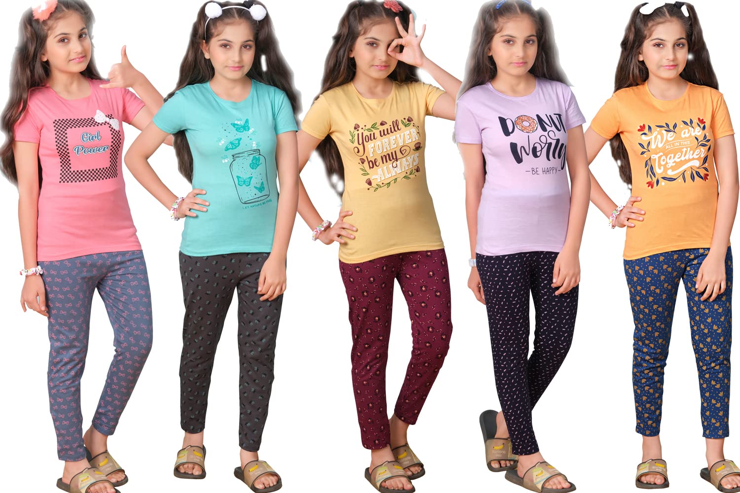 Girls Night Wear T Shirt & Pyjama | Night Dress for Girl Kids | Night Dresses Tee Top & Pajama Pant Set - Multicolored - Pack of 5 Set – Dream Pyjama Set