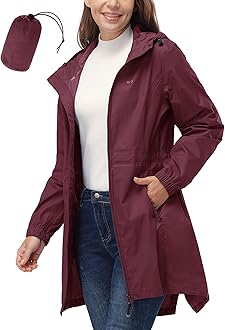 33,000ft Women's Rain Jacket Lightweight Hooded Long Rain Coat Waterproof Jacket Ladies Packable Functional Jacket Windbreaker Breathable Active Outdoor Coats