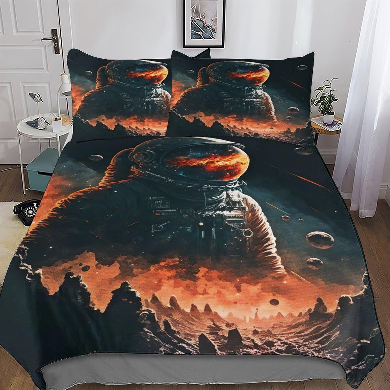 Housse de couette astronaute 220x240 parure grand lit sans repassage microfibre