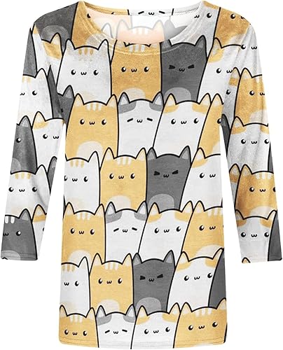 Miniatura 3 de Camiseta manga 34 de longitud media para mujer, blusa con estampado de gato, camiseta con cuello Redondo Sudadera,