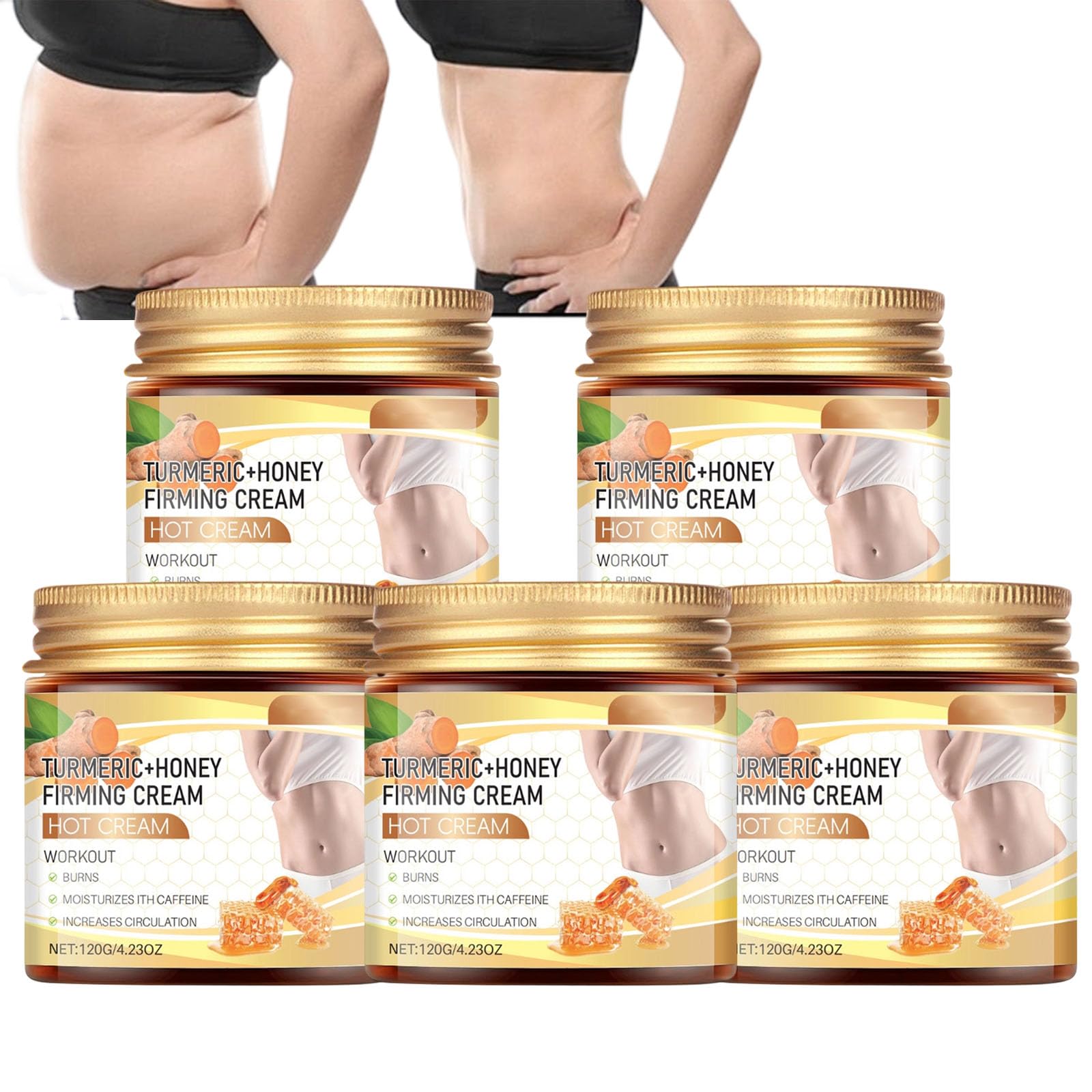 Crema calda rassodante al curcuma e miele idratante corpo massaggio (5Pcs) | Balsamo rassodante al curcuma e miele. Crema riscaldante con caffeina e texture idratante non grassa per cura quotidiana