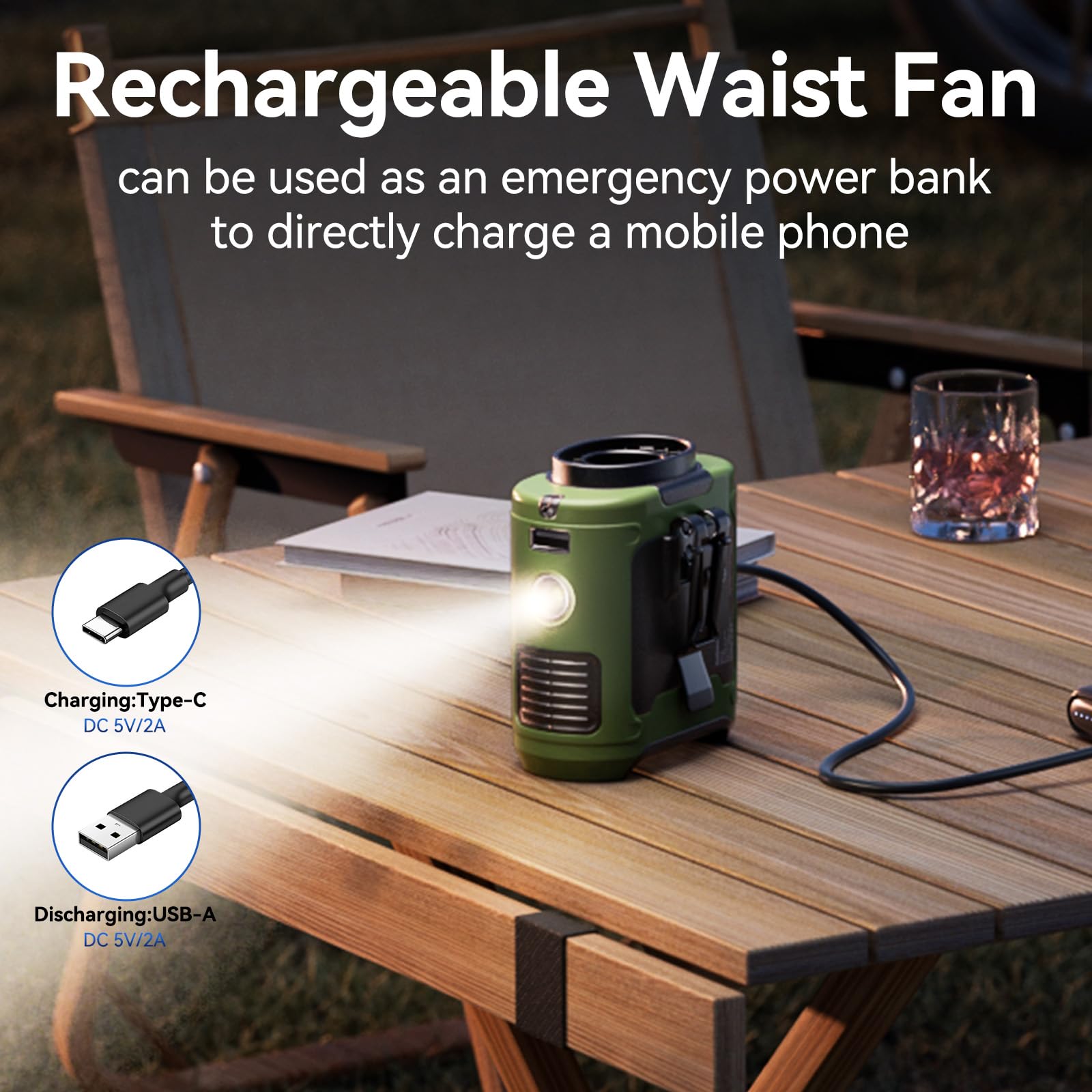 Ventilador de cintura con linterna, ventilador portátil personal recargable con clip de cintura por USB, 10000 mAh, enfriador portátil de 36 horas 3