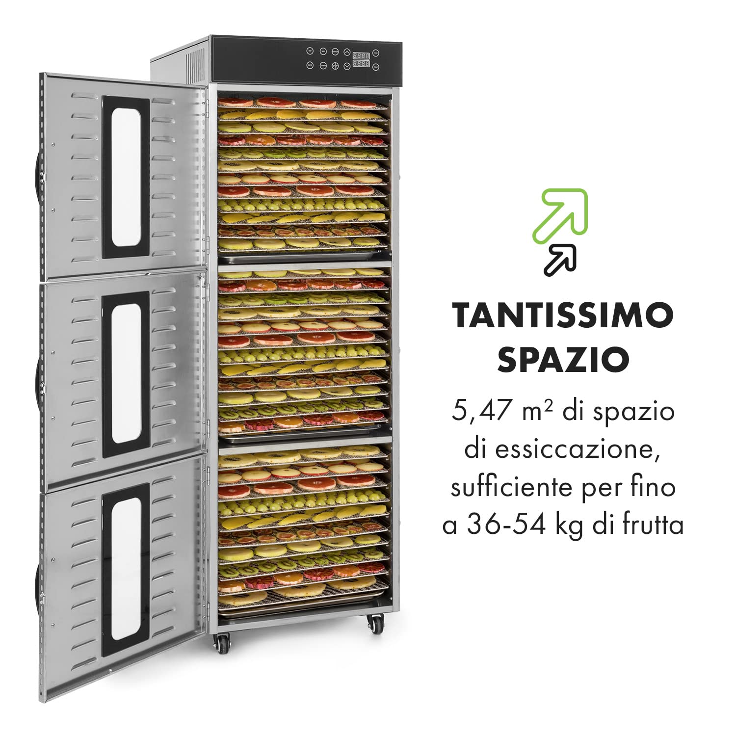 KLARSTEIN Master Jerky 550 Pro - Disidratatore Professionale, 36 Ripiani, 2400 W, Capacità: 5,47 m², Termostato: 40-90 °C, 36-54 kg Frutta/Verdure, Alloggiamento in Acciaio Inox, Argento