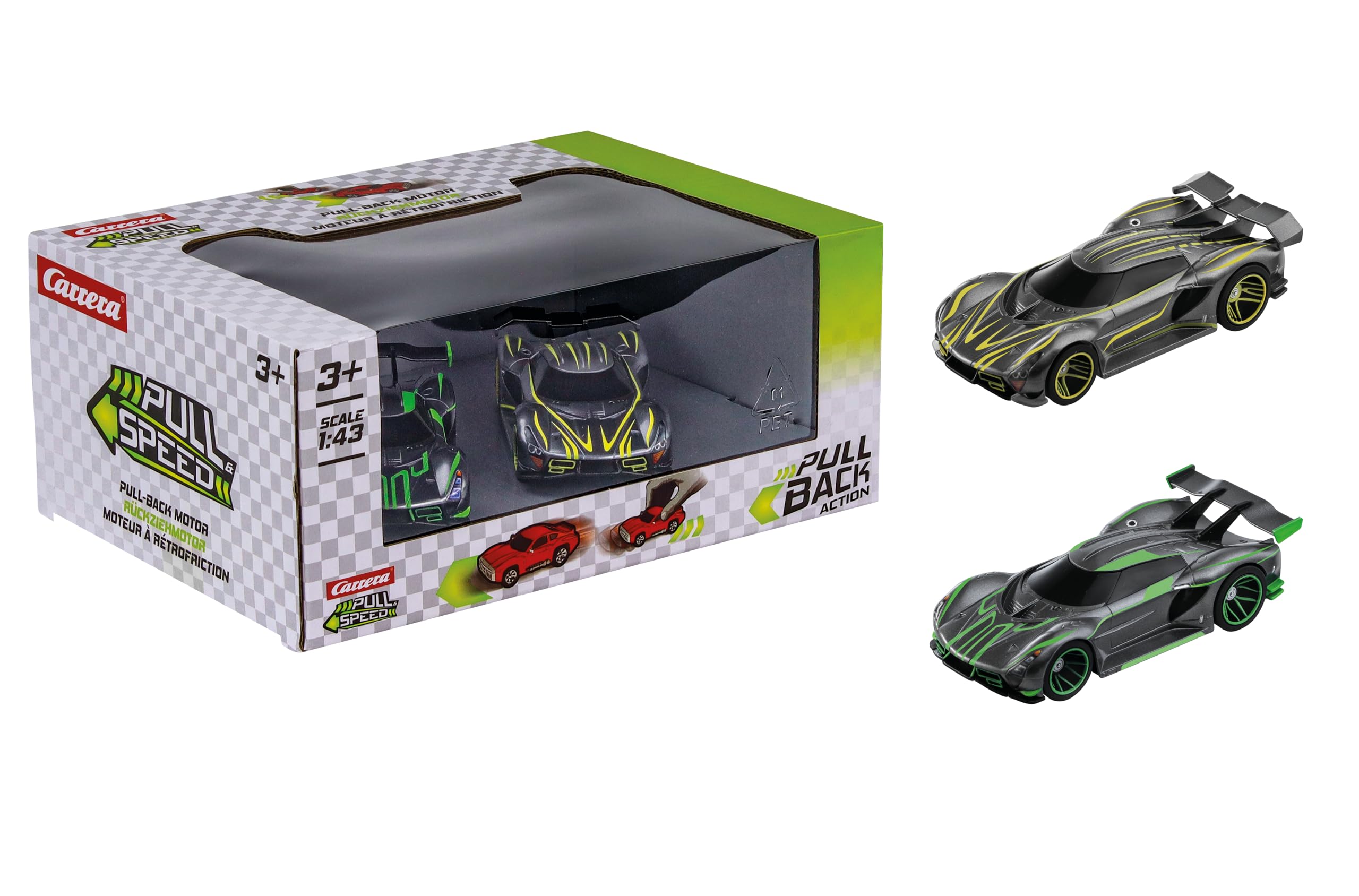 Pull & SPEED Carrera Hypercars Twinpack Vehicles with Pull-Back Motor, Scale 1:43, Includes Hypercar Neon Green & Hypercar Neon Yellow, from 3 Years