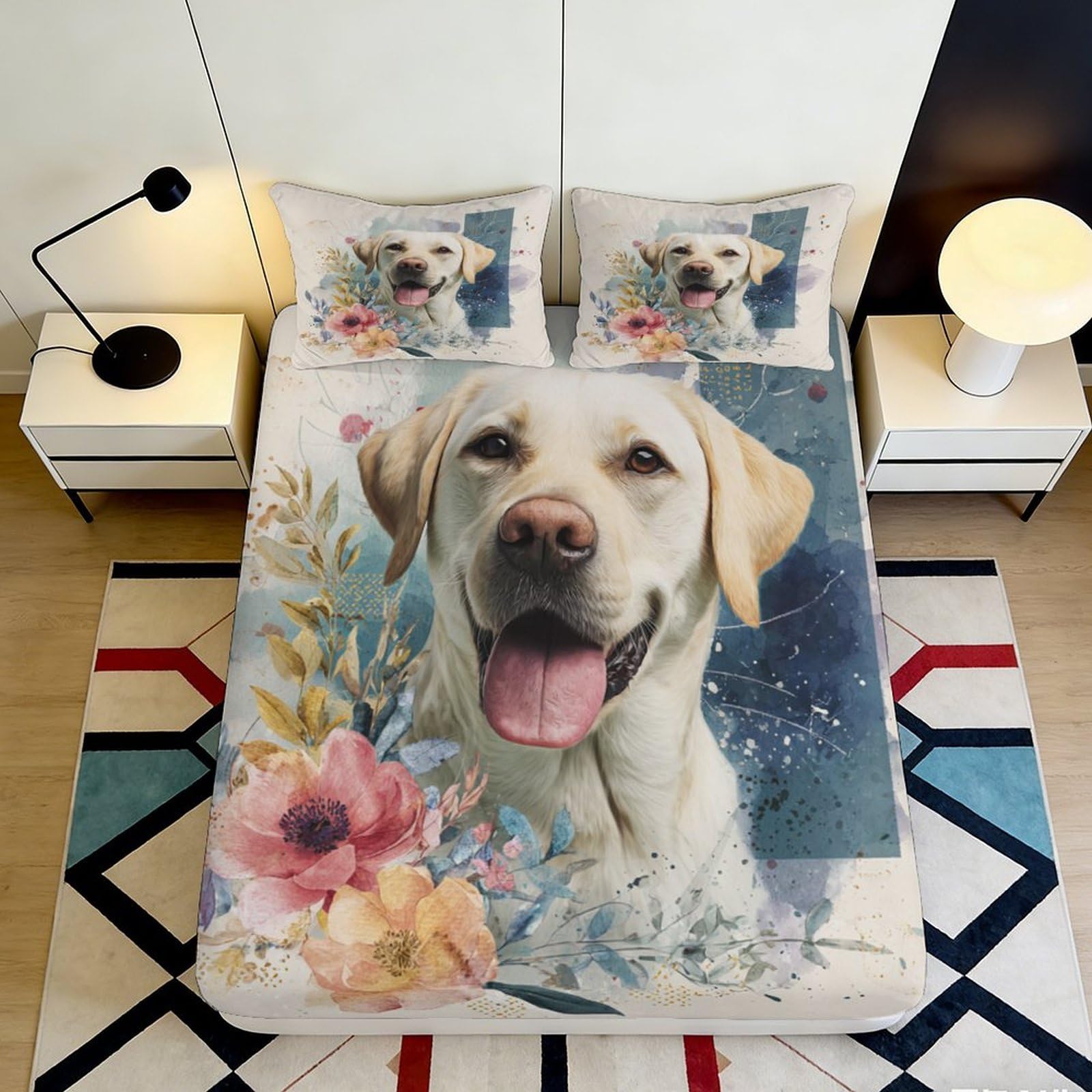 Pnayamiorkfel Style-8 3D Printed Labrador Dog Floral Fitted Sheet Microfiber Soft Breathable Bed Cover For Bedroom Guest Room Decor 90X200x25cm