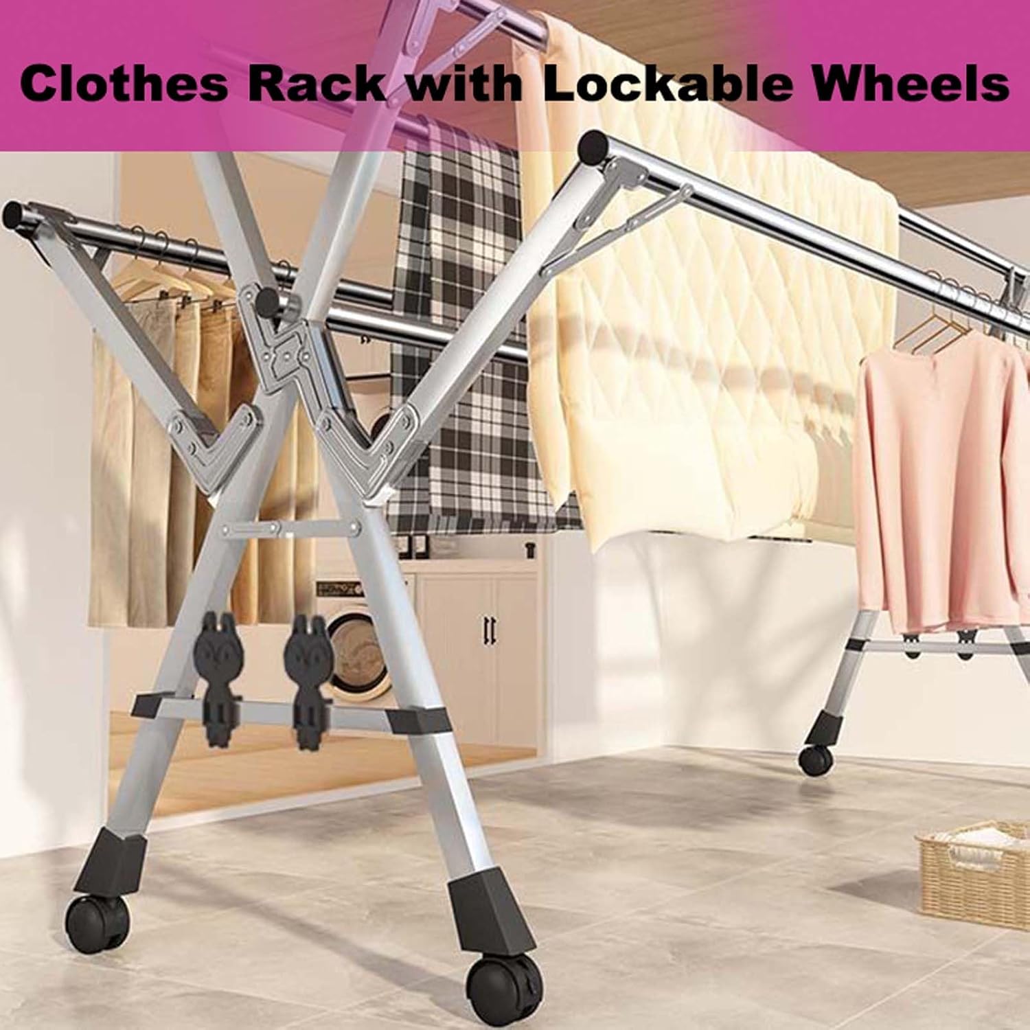 Collapsible Stainless Steel Clothes Drying Rack on Wheels, Adjustable Free-Standing Laundry Stand, Space-Saving Indoor/Outdoor Garment Rack for Efficient Drying