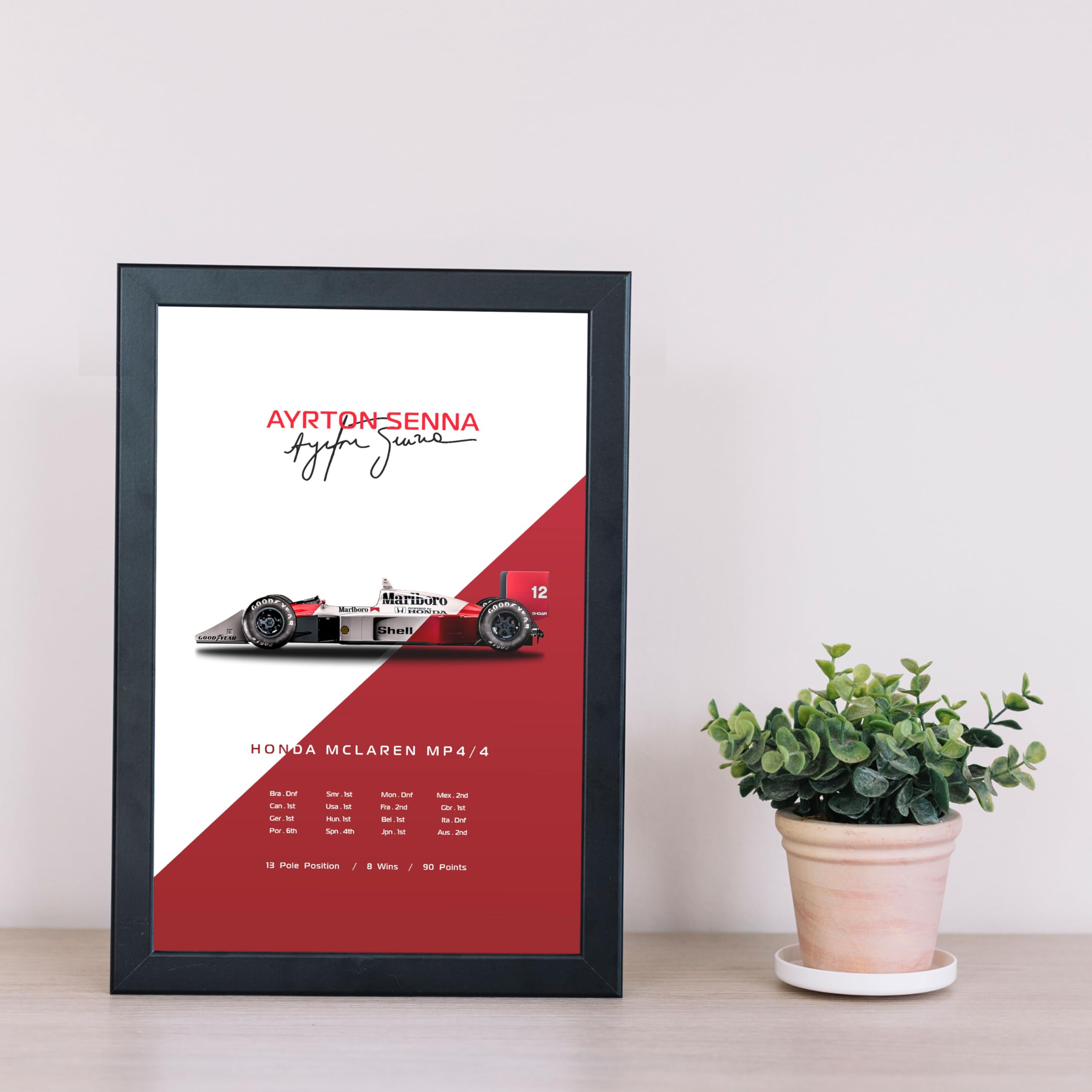 FRAMEO STORE Ayrton Senna Mclaren MP4/4 Glass frame, 1988 Honda Mclaren MP4/4 F1 art framed poster (A4 size - 8 X 12 Inches) 1